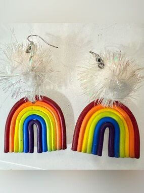 Hand crafted Colorful Rainbow Pom Drop Earrings - Multicolor